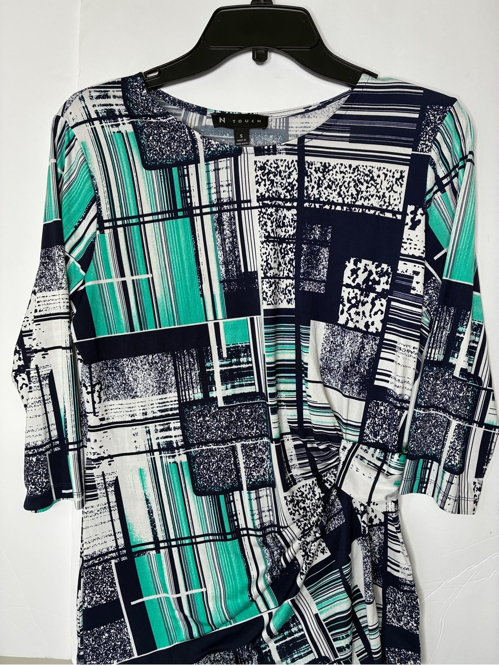 N Touch Teal & Navy Geometric Long Sleeve Twist-Detail Top